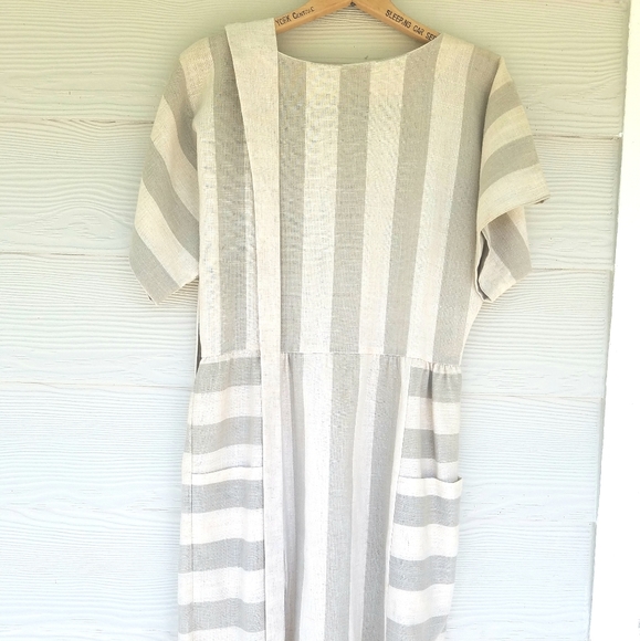 *SOLD*Vintage 80s Minimalist Lagenlook Dress Gray/Oat Color Belted Pockets - Picture 6 of 16